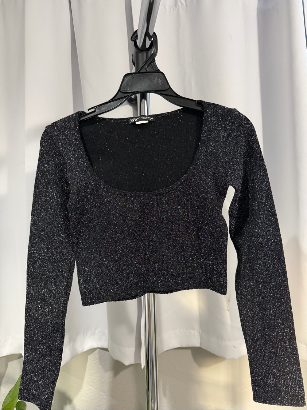 Zara Sparkle Black Scoop-Neck Cropped Top
